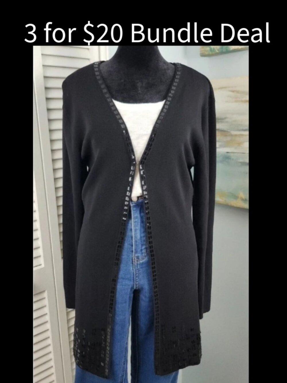 Dunnes Long Black Cardigan Size M/L Sequins Embellished